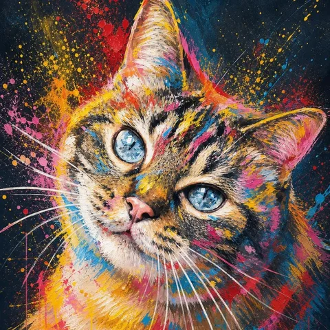 En tabby-katt i fargerik malingssprut