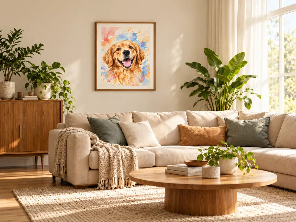 Lys stue med et innrammet akvarellportrett av en golden retriever over sofaen