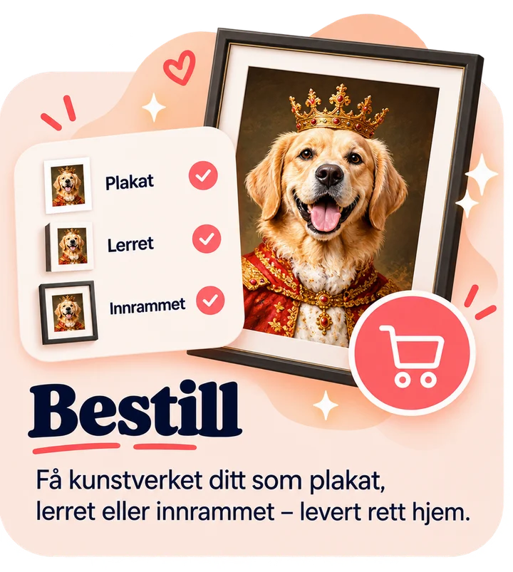 Steg 3, Bestill: Få kunstverket ditt som plakat, lerret eller innrammet – levert rett hjem.